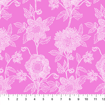 a repeating pattern of pink flowers and leaves against a pink background.