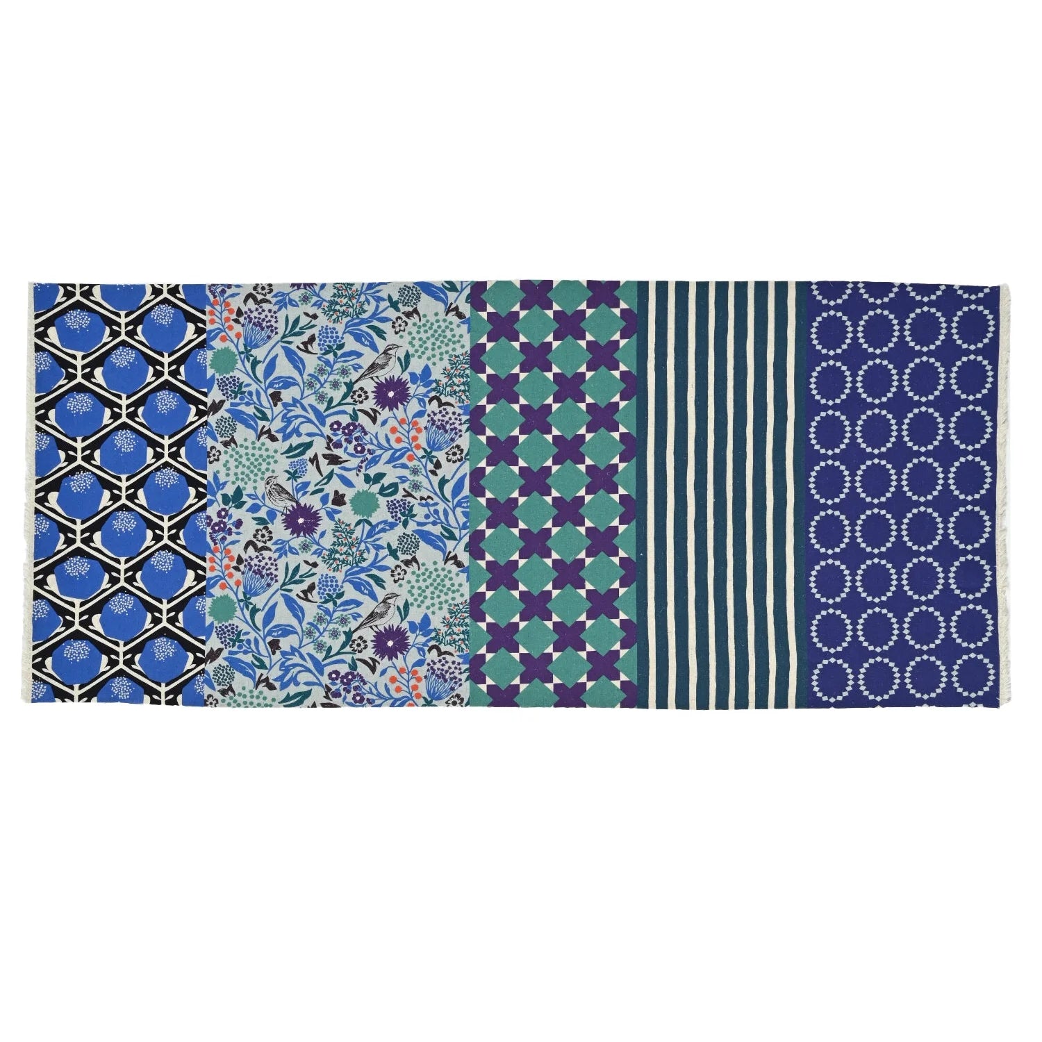 The image is a collage of various colorful and patterned fabric designs, including floral, geometric, and abstract patterns in shades of blue, green, and purple.