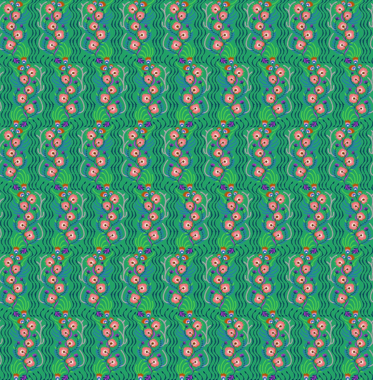 a repeating pattern of pink flowers on a green background, creating a visually appealing and harmonious design.