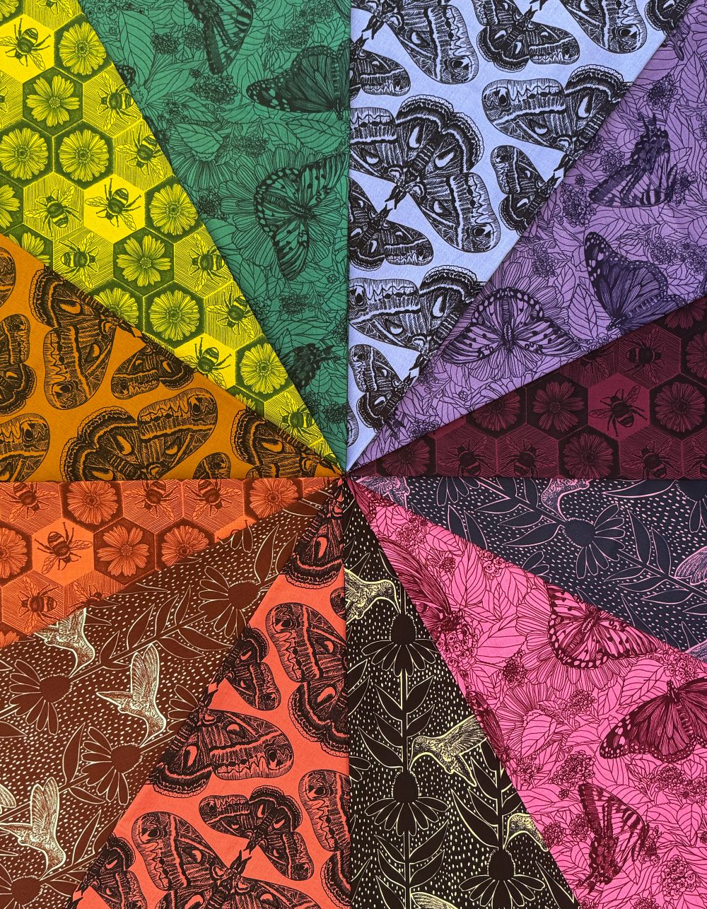 The image is a vibrant collage of nine fabric swatches, each featuring a unique pattern of butterflies and flowers in various colors and designs. The swatches are arranged in a radial pattern, creating a visually striking and diverse display.