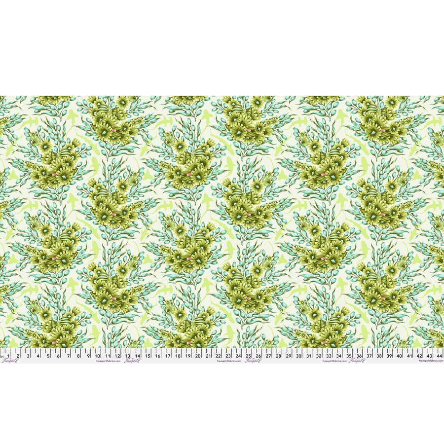 a repeating pattern of green flowers on a light green background.