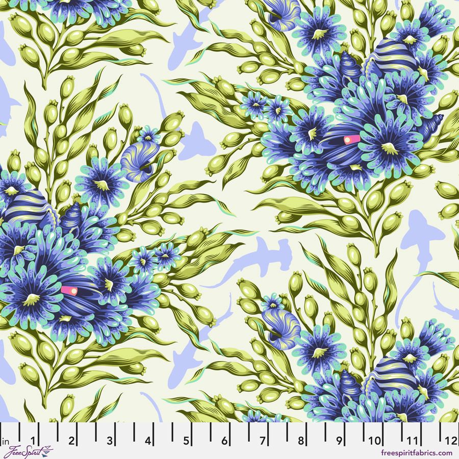 The image is a vibrant and colorful floral pattern featuring various blue and green flowers and leaves. The pattern is composed of multiple images, creating a visually appealing and dynamic design.
