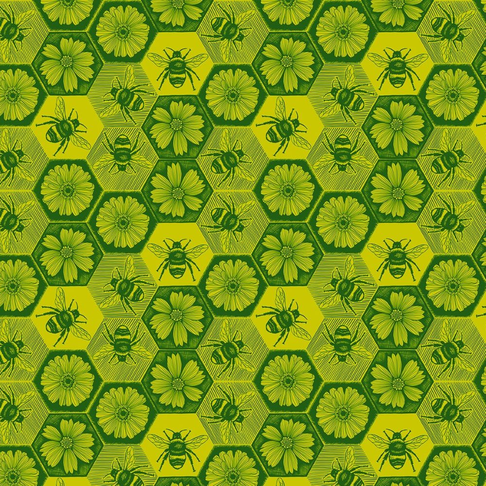 The image is a repeating pattern of green hexagons with yellow flowers and black bees.
