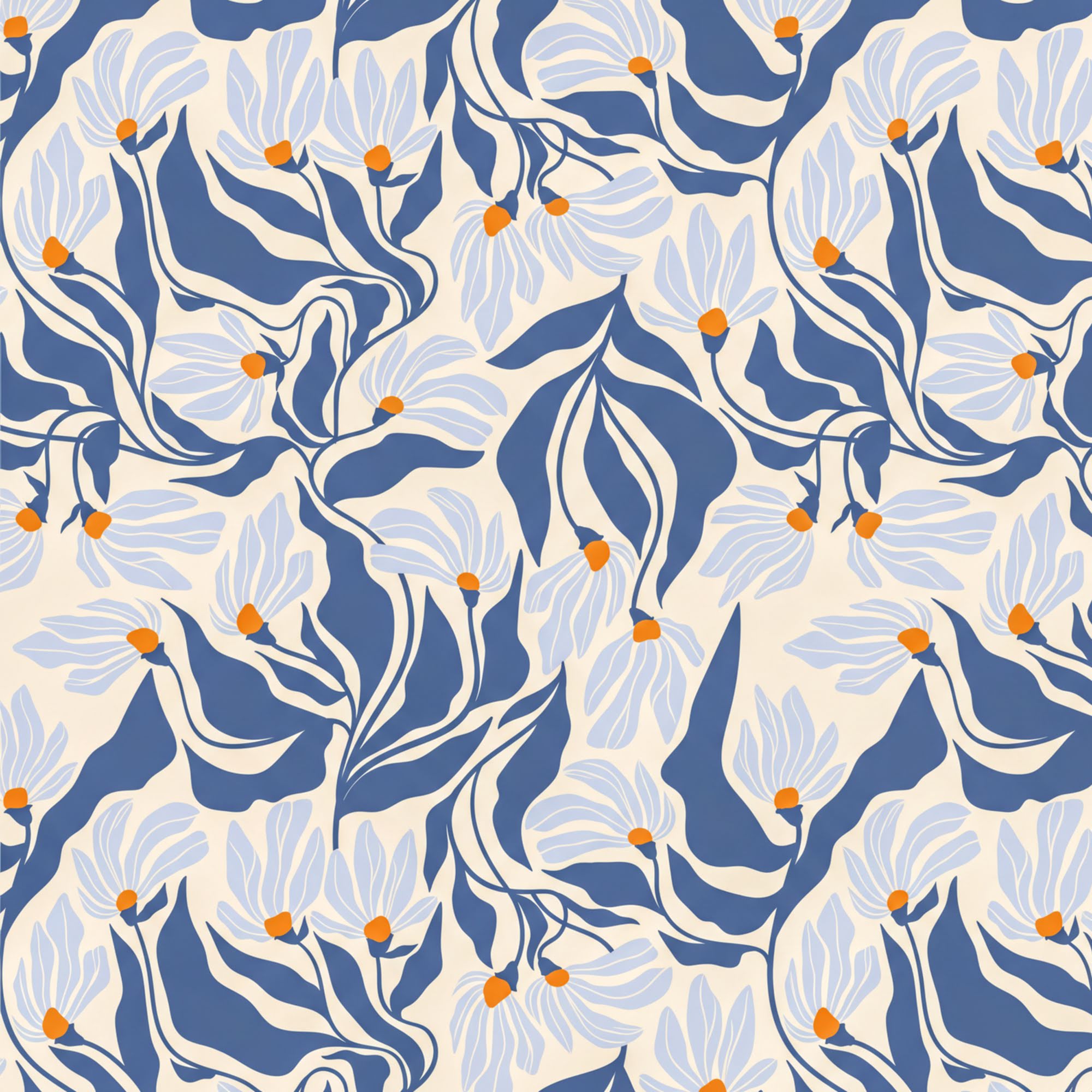 a repeating pattern of blue and white flowers and leaves, creating a visually appealing and harmonious design.