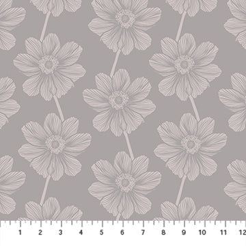 a repeating pattern of stylized white flowers on a gray background.