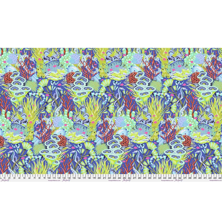 The image is a vibrant and colorful pattern featuring various marine life and underwater elements, such as fish, coral, seaweed, and other sea creatures, all set against a backdrop of blue and green hues. The pattern appears to be a repeating design, creating a visually striking and dynamic composition.