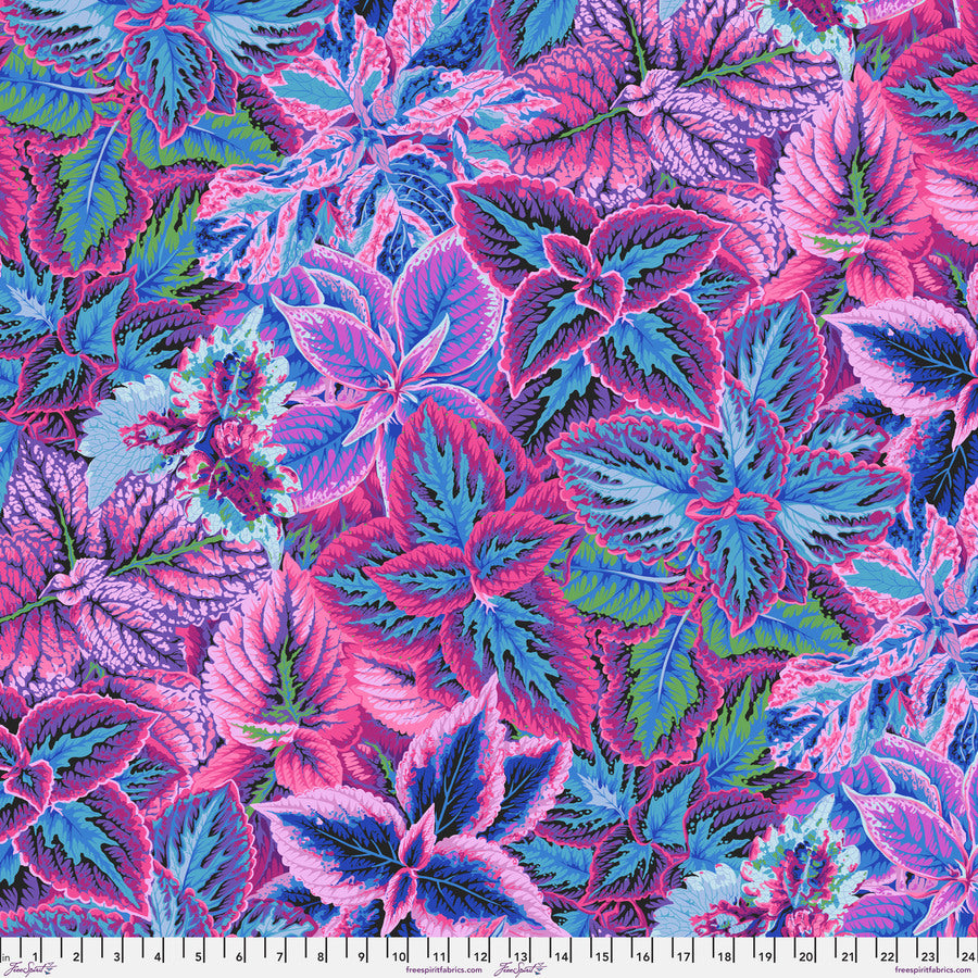 The image is a vibrant and colorful collage of various leaves and flowers in shades of pink, blue, green, and purple. The leaves and flowers are arranged in a visually striking and dynamic manner, creating a sense of movement and energy. The image does not contain any text or specific objects, and the focus is solely on the vivid colors and patterns of the leaves and flowers.