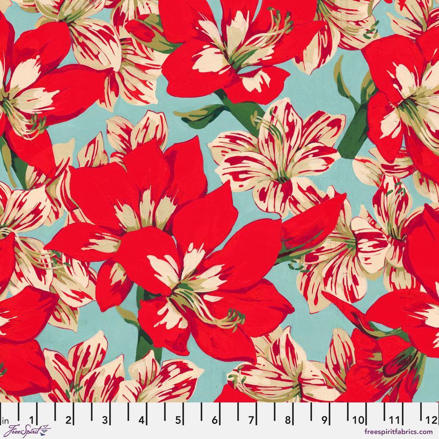 The image is a vibrant and colorful collage of red and white flowers against a light blue background.