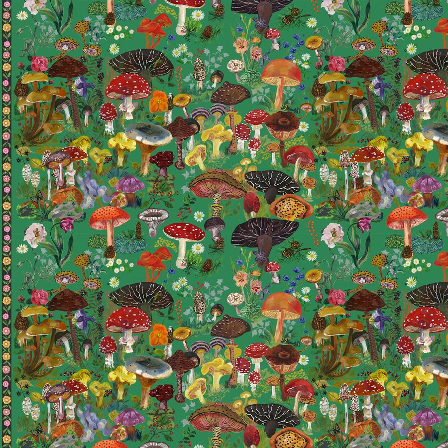 The image is a vibrant and colorful collage of various mushrooms, flowers, and plants, creating a lush and diverse natural scene.