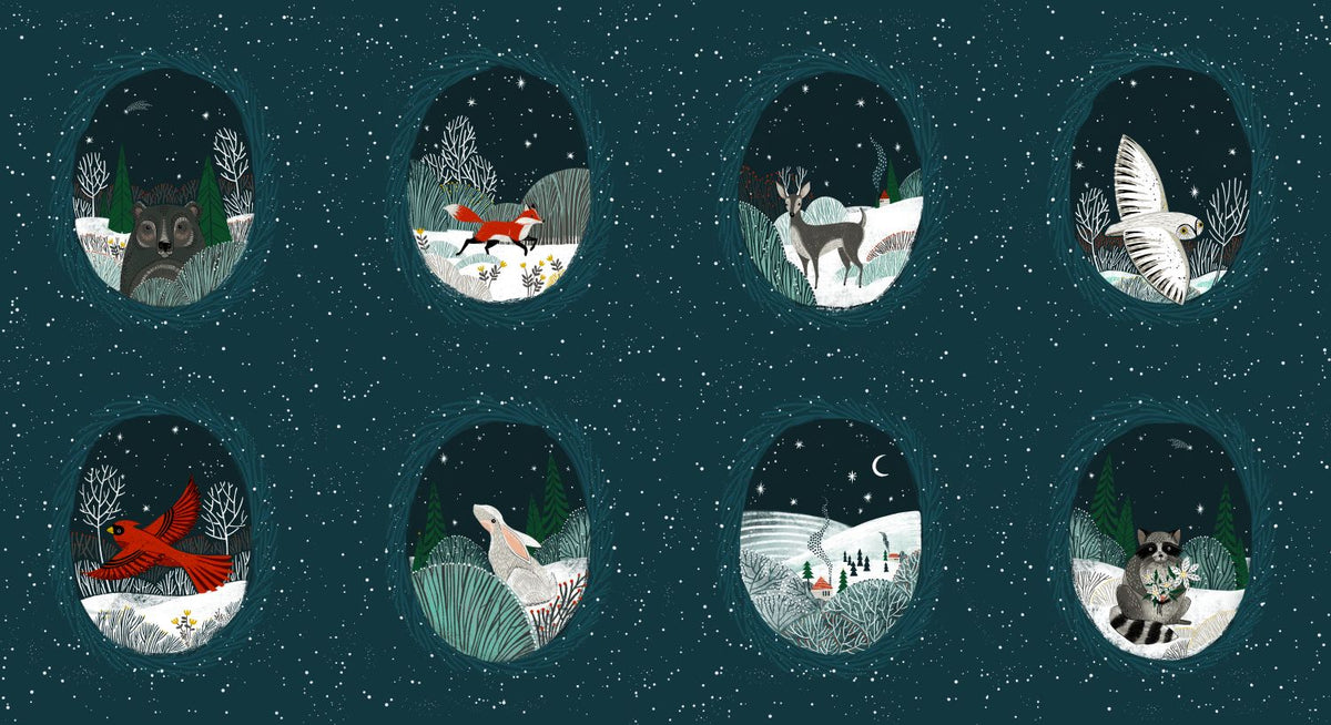 The image is a collage of six circular illustrations depicting various winter scenes with animals such as a bear, fox, deer, owl, bird, and rabbit.