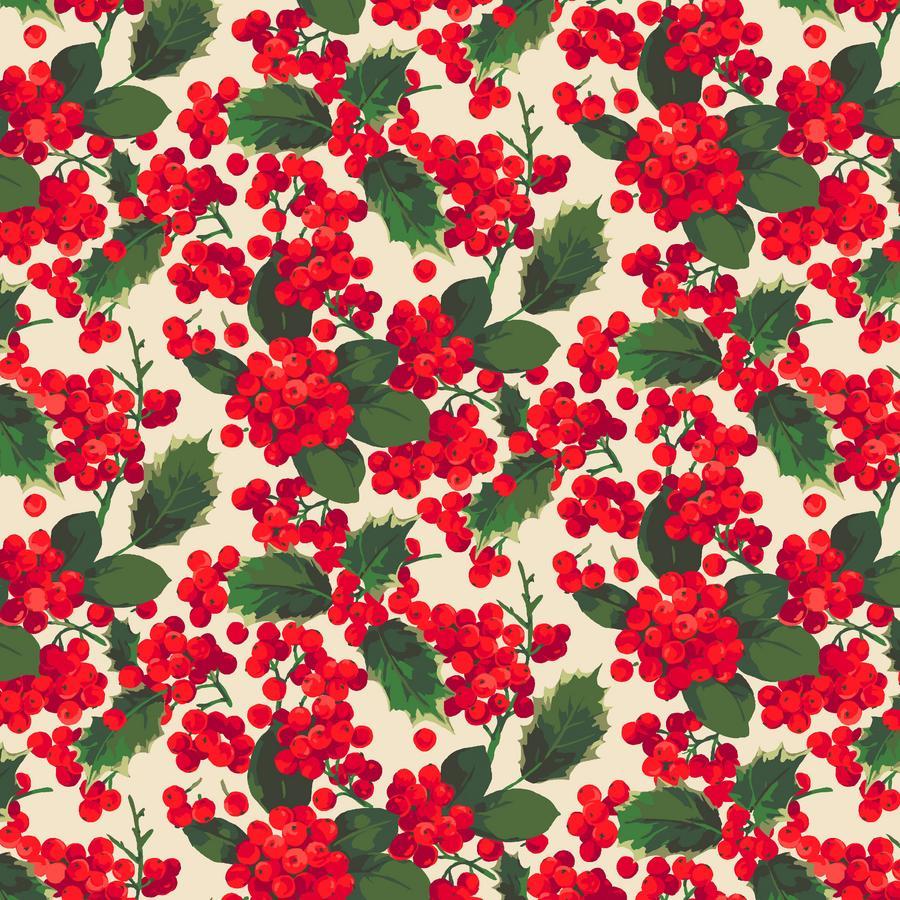 The image is a seamless pattern of red berries and green leaves, creating a vibrant and festive design.