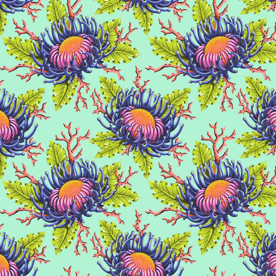 The image is a repeating pattern of vibrant, colorful flowers with green leaves and orange centers against a light green background.