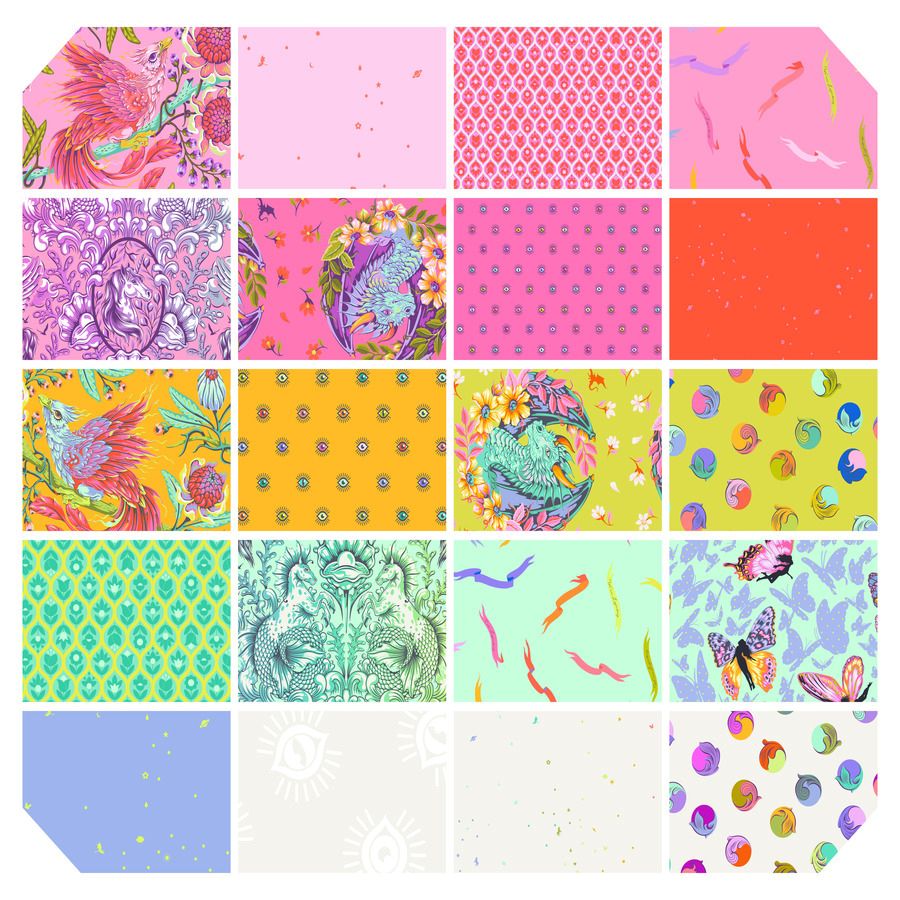 a collection of 16 different colorful and patterned fabric designs, including floral, polka dot, and abstract patterns.