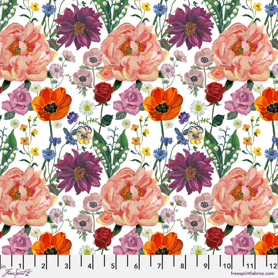 The image is a repeating pattern of various colorful flowers, including pink peonies, orange tulips, purple daffodils, and yellow daisies, against a white background.