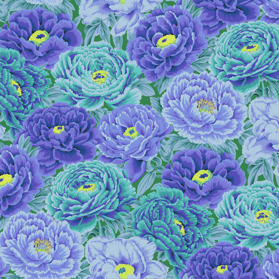 The image is a vibrant and colorful pattern of various blue and purple flowers, including peonies, against a green background.