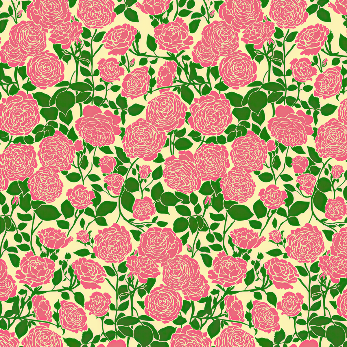 The image is a repeating pattern of pink roses and green leaves against a yellow background.