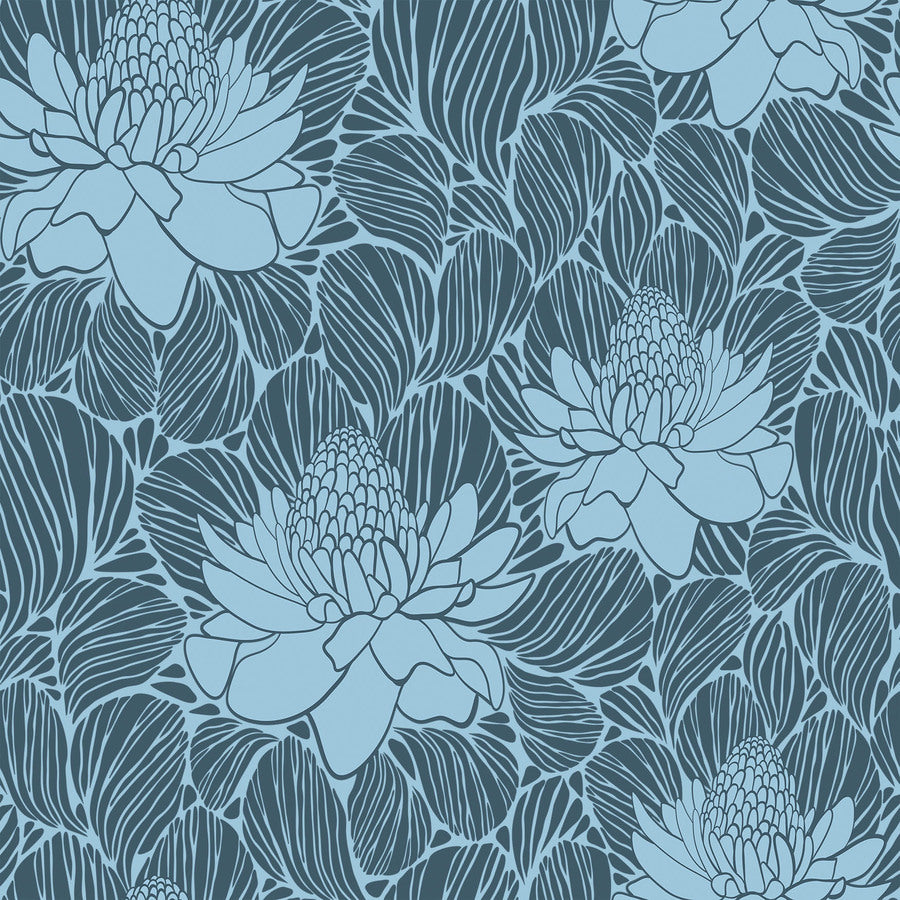 a repeating pattern of stylized blue flowers with intricate leaf designs.