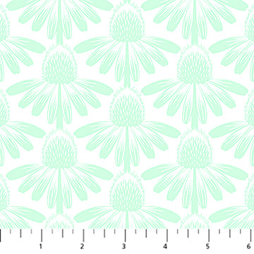 a repeating pattern of stylized green flowers or leaves against a white background.