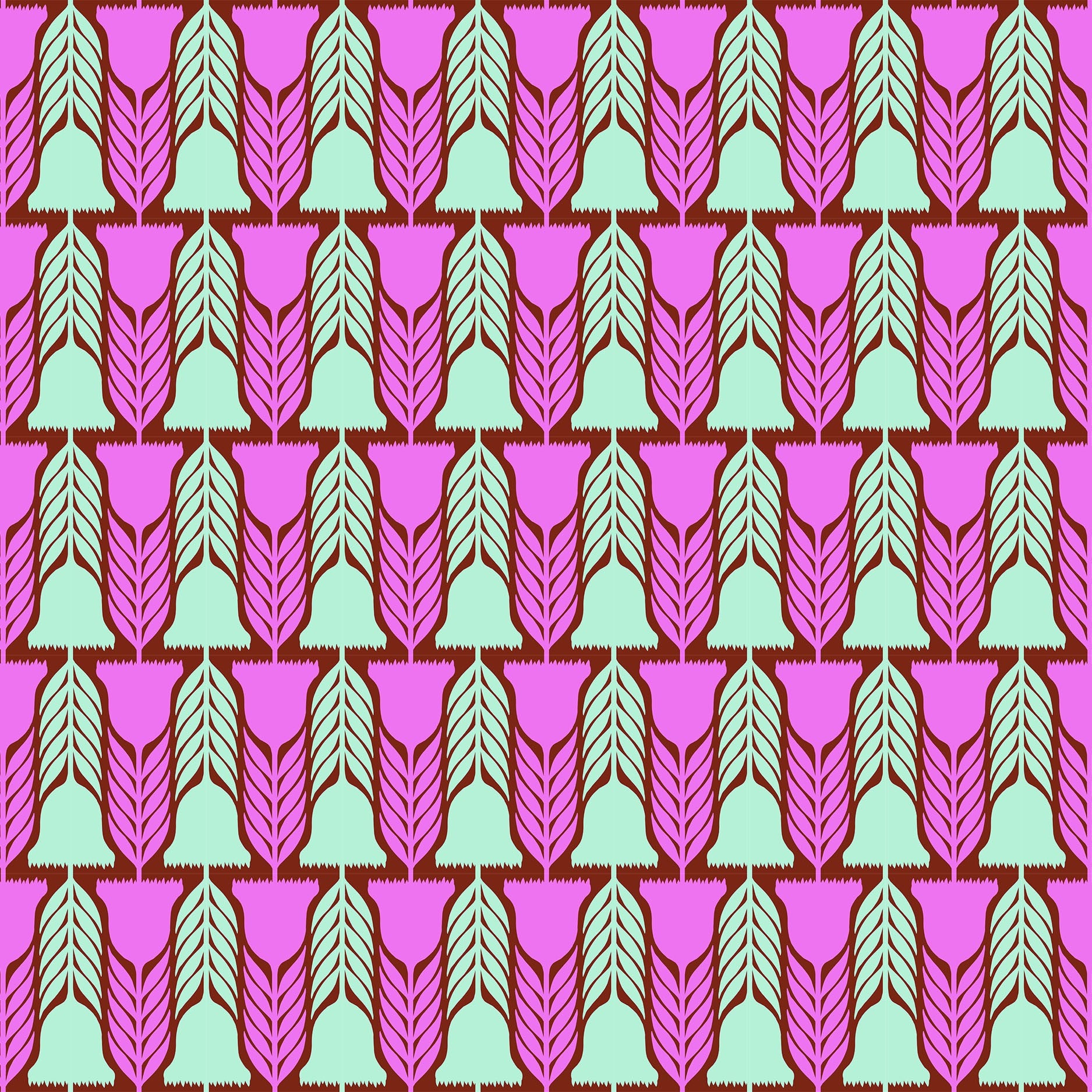 a repeating pattern of stylized leaves in shades of pink and green, arranged in a grid-like fashion.