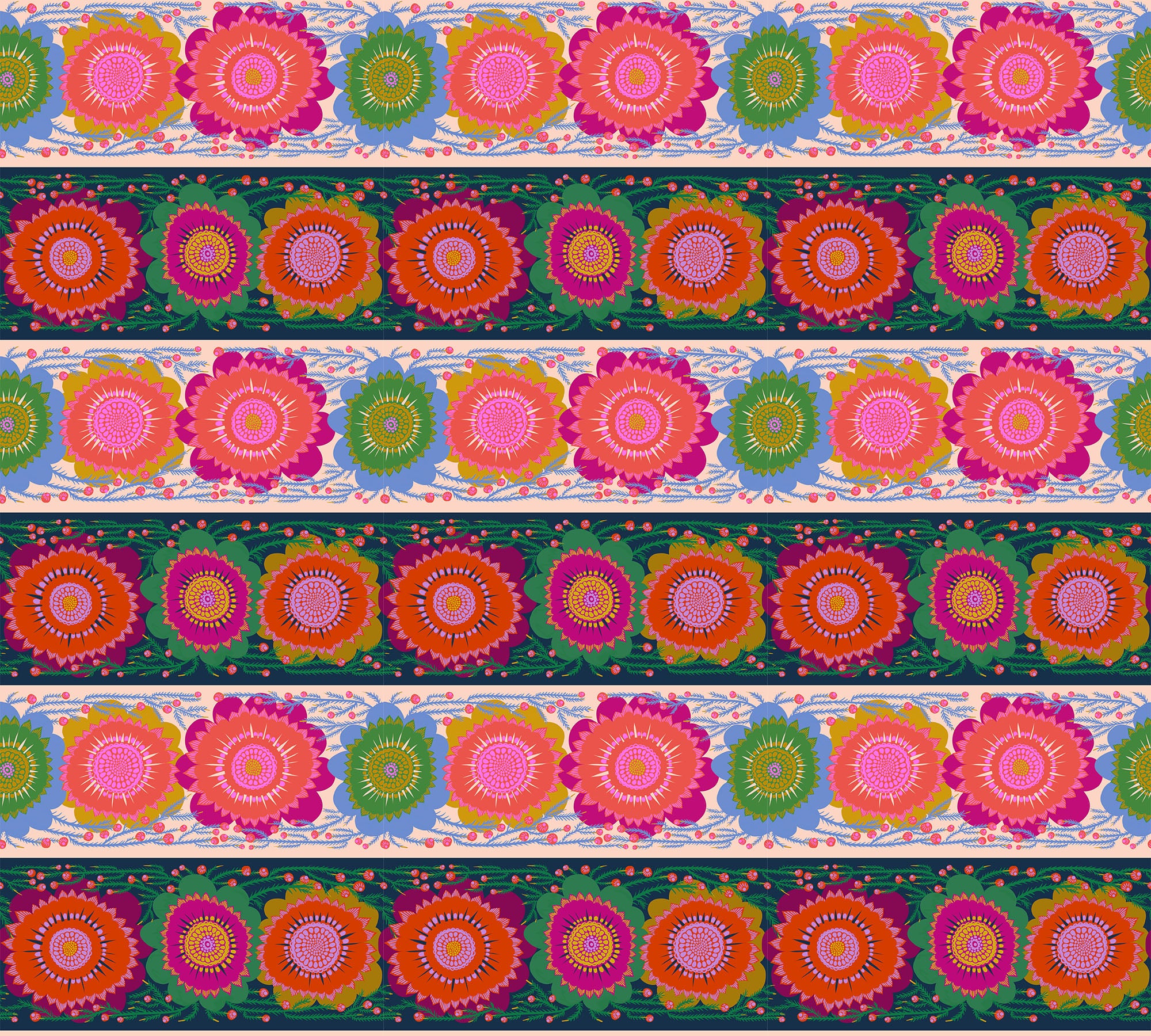 a repeating pattern of colorful flowers with circular centers, arranged in a horizontal row. The flowers display a variety of colors, including shades of pink, green, orange, and yellow. The pattern repeats across the entire image, creating a visually striking and vibrant design.