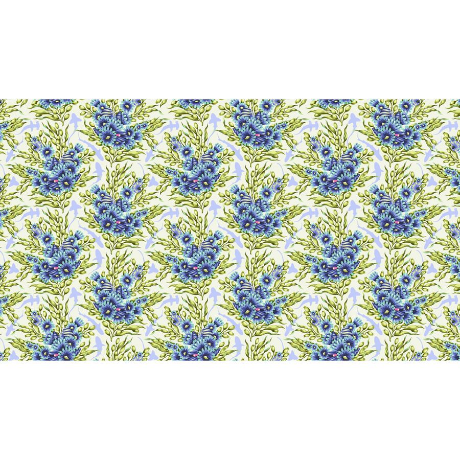 a repeating pattern of blue flowers on green leaves, creating a visually appealing and harmonious design.