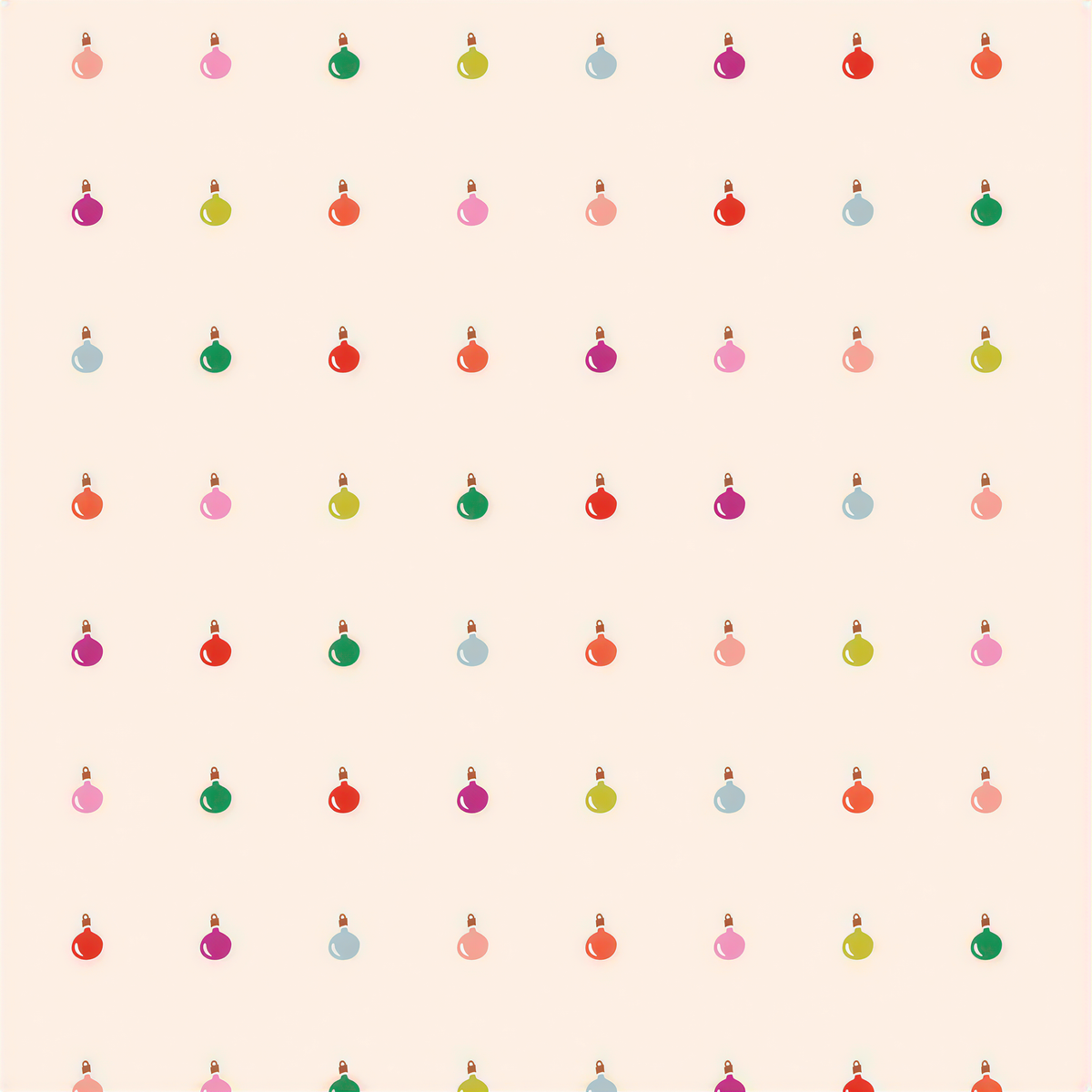 a grid of small, colorful Christmas ornaments arranged in a repeating pattern.