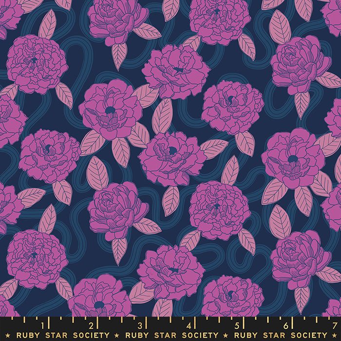 a purple and pink flower pattern on a dark blue background