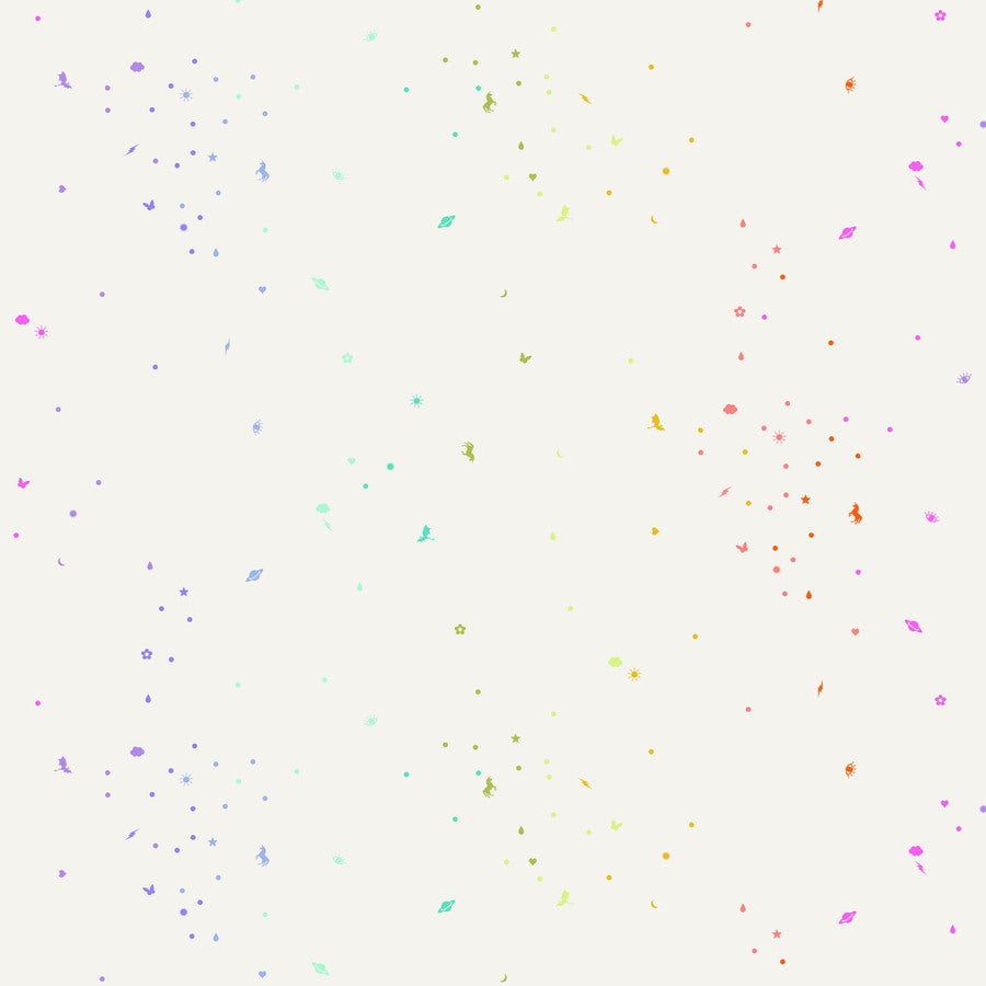 a variety of small, colorful dots and shapes scattered across a plain white background.