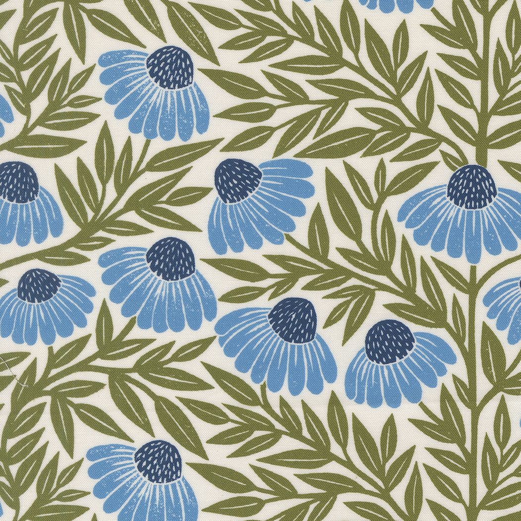 a repeating pattern of blue flowers with green leaves on a white background.