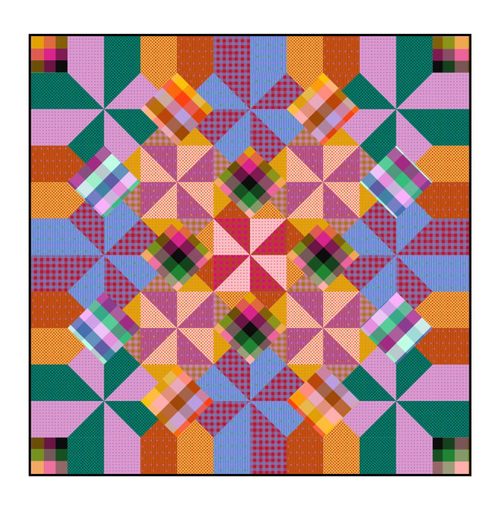 The image is a vibrant and colorful quilt pattern composed of various geometric shapes and patterns in a variety of bright colors, including shades of pink, orange, green, blue, and purple.