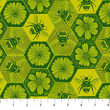 The image is a repeating pattern of hexagons filled with green flowers and bees.