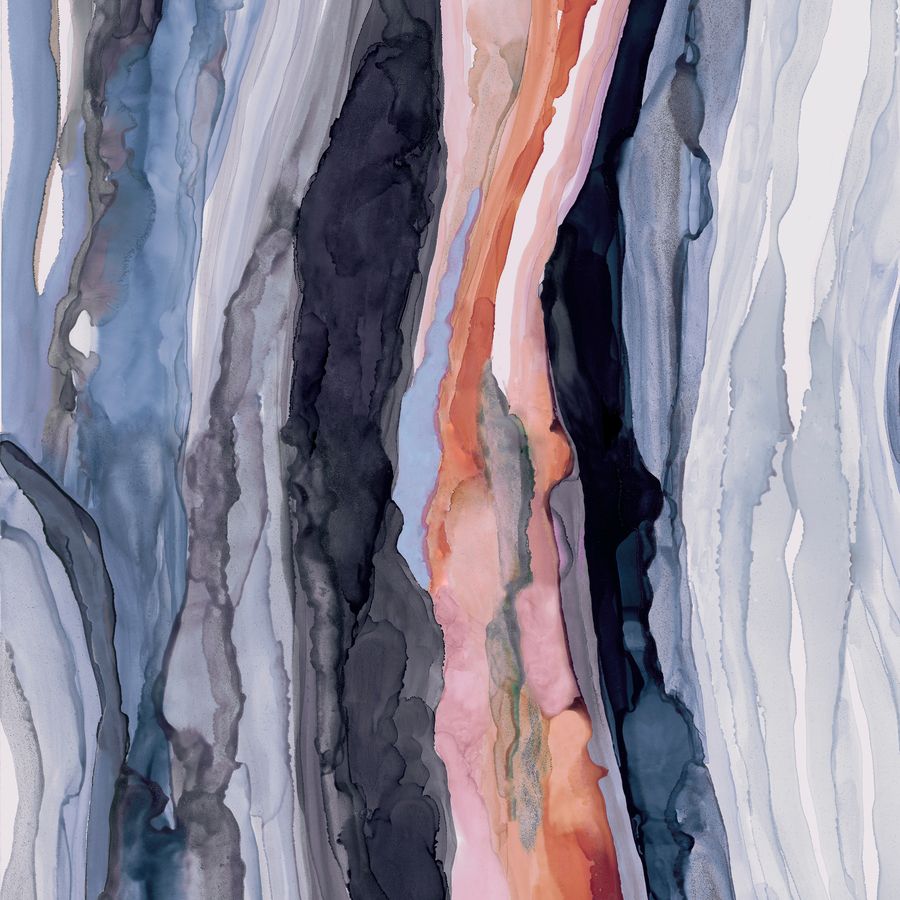 The image is an abstract painting with a mix of blue, orange, and gray colors. The painting features vertical lines and swirls, creating a dynamic and visually striking composition.