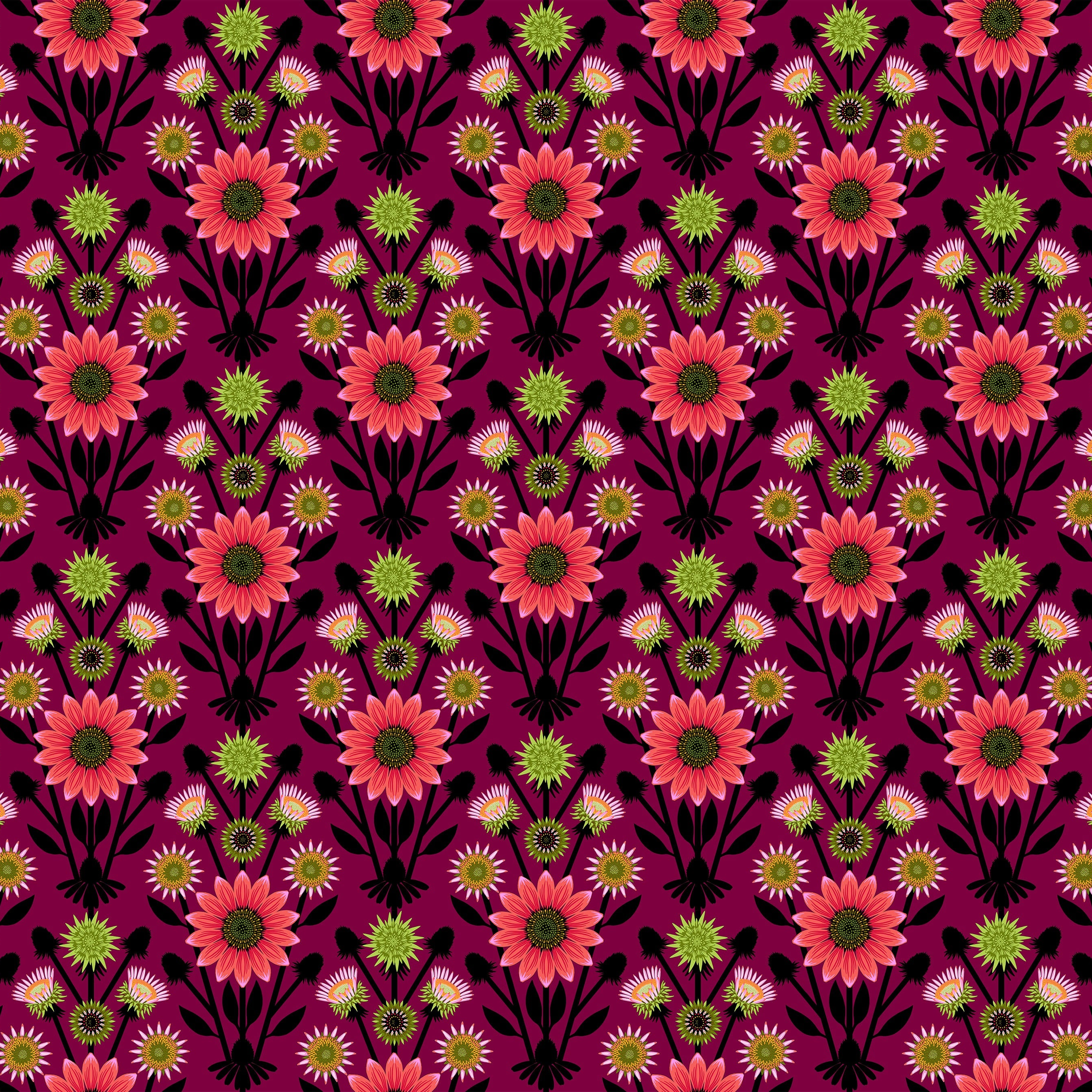 a red and green flower pattern on a black background