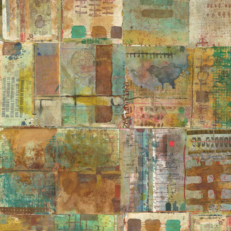 The image is a collage of various abstract and textured artworks, featuring a mix of geometric shapes, patterns, and colors. The artworks appear to be layered and overlapping, creating a visually complex and dynamic composition.