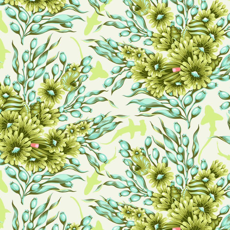 a repeating pattern of large, vibrant green flowers and leaves against a light green background.