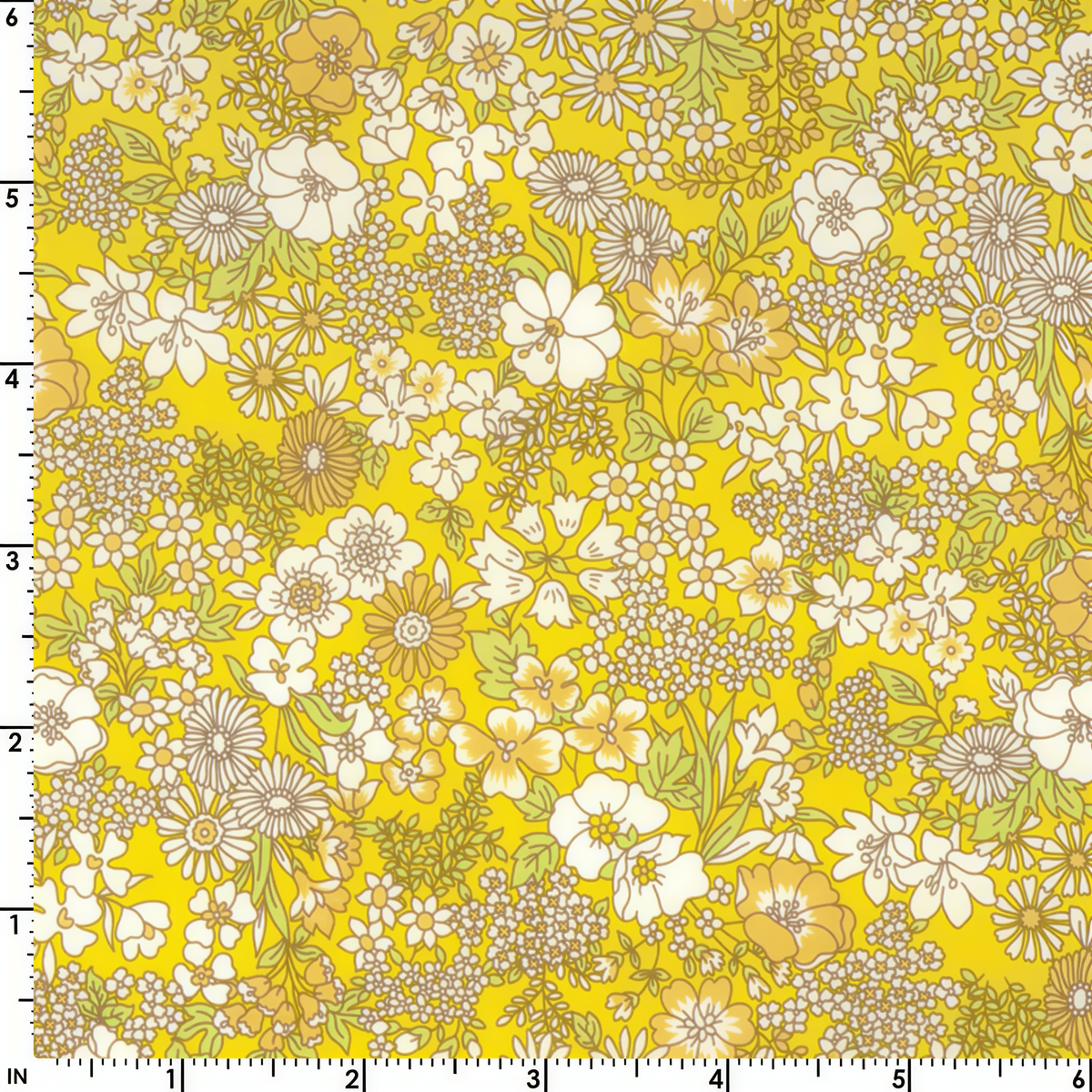 The image is a vibrant and colorful fabric with a repeating pattern of various flowers and leaves in shades of yellow, white, and orange. The pattern is intricate and detailed, creating a visually appealing and lively design.