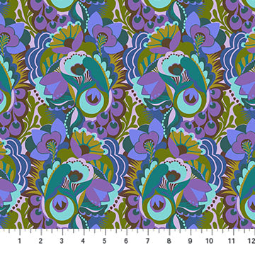 The image is a vibrant and colorful pattern featuring various flowers and leaves in shades of purple, green, and blue. The pattern repeats itself across the image, creating a visually striking and intricate design.