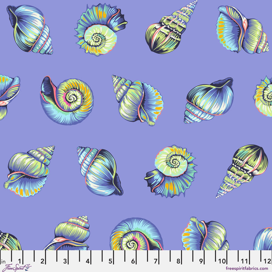 a collection of colorful and intricate illustrations of various seashells, including conch shells, scallops, and clams, arranged in a grid-like pattern against a purple background.