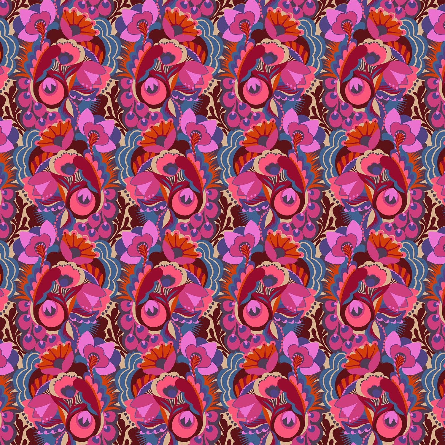 The image is a vibrant and colorful pattern featuring a repeating design of various flowers and shapes in shades of pink, red, and blue. The pattern has a whimsical and playful aesthetic, with the flowers and shapes arranged in a visually appealing and intricate manner.
