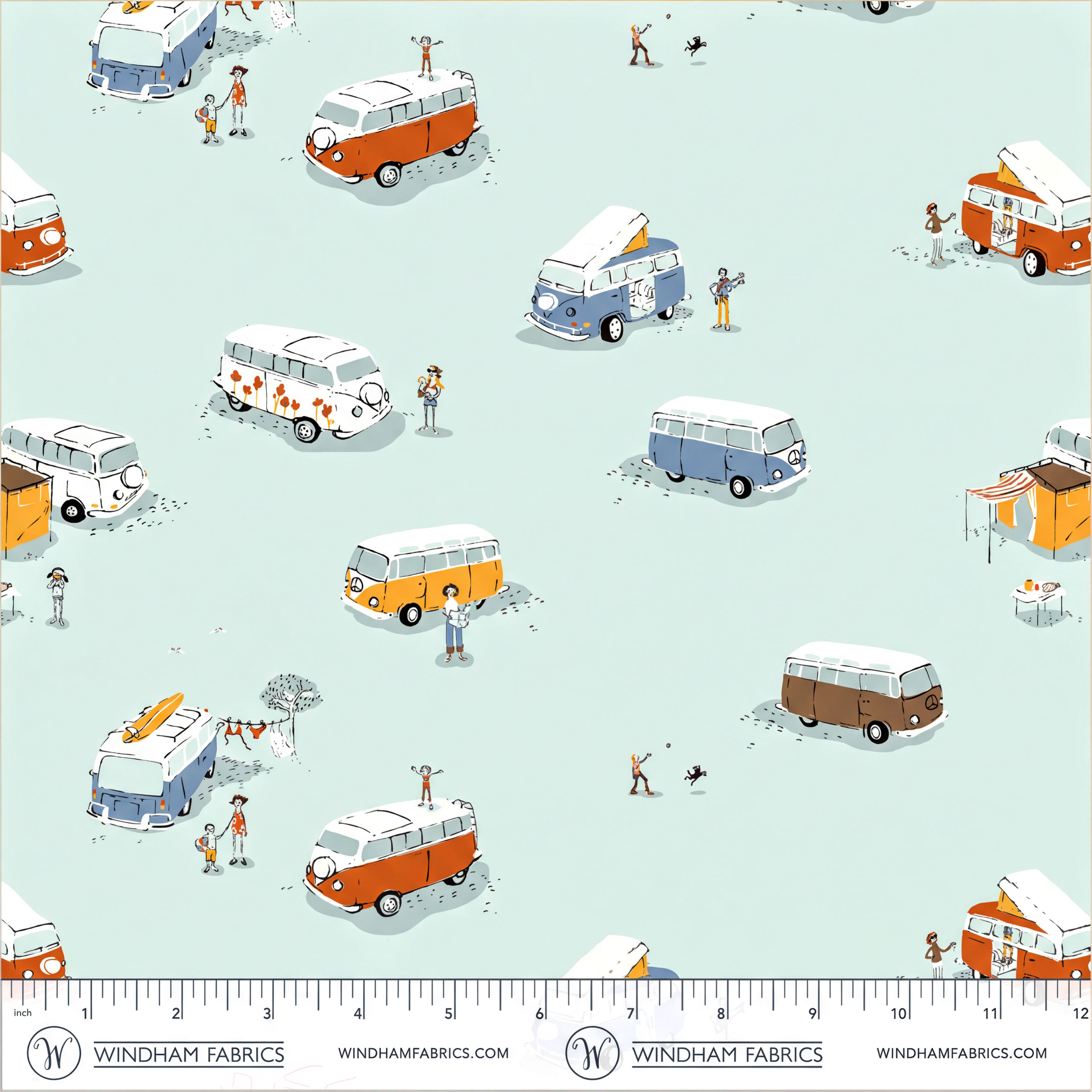 The image is a repeating pattern of various colorful vans and people, including a mix of different types of vans and people, all set against a light blue background.