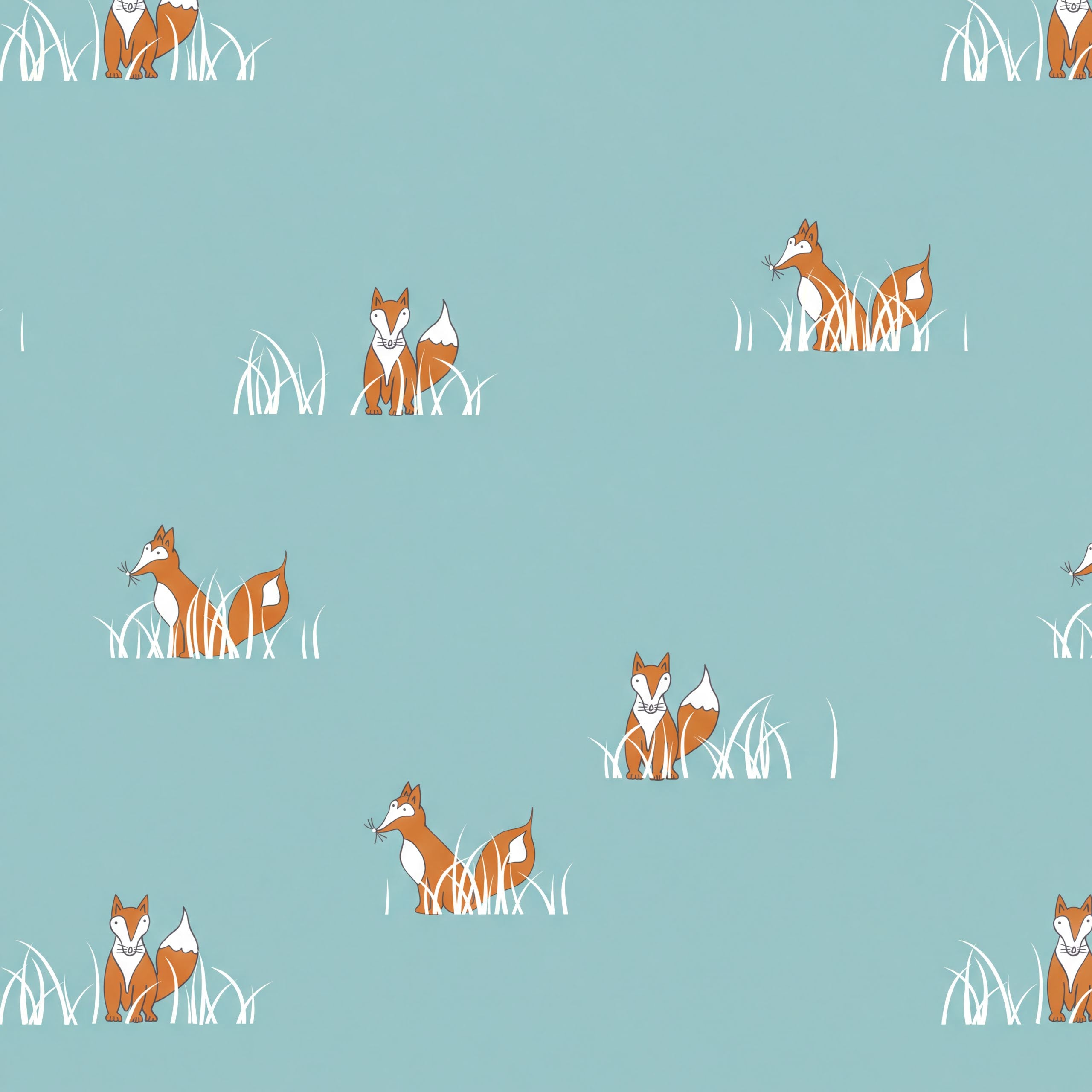 a repeating pattern of cartoon-style foxes sitting in the grass against a light blue background.