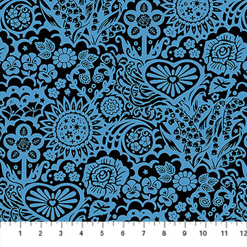 The image is a collage of various blue floral and leaf designs, creating a visually striking and intricate pattern.