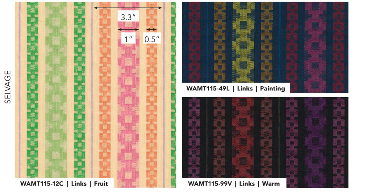 The image is a collage of four different patterns, each with its own color scheme and design. The patterns include a striped design with green, orange, pink, and purple stripes, a floral pattern with green and purple flowers, a geometric pattern with black and purple lines, and a fruit pattern with green and purple colors. Each pattern is labeled with its respective color scheme and the type of pattern it represents.