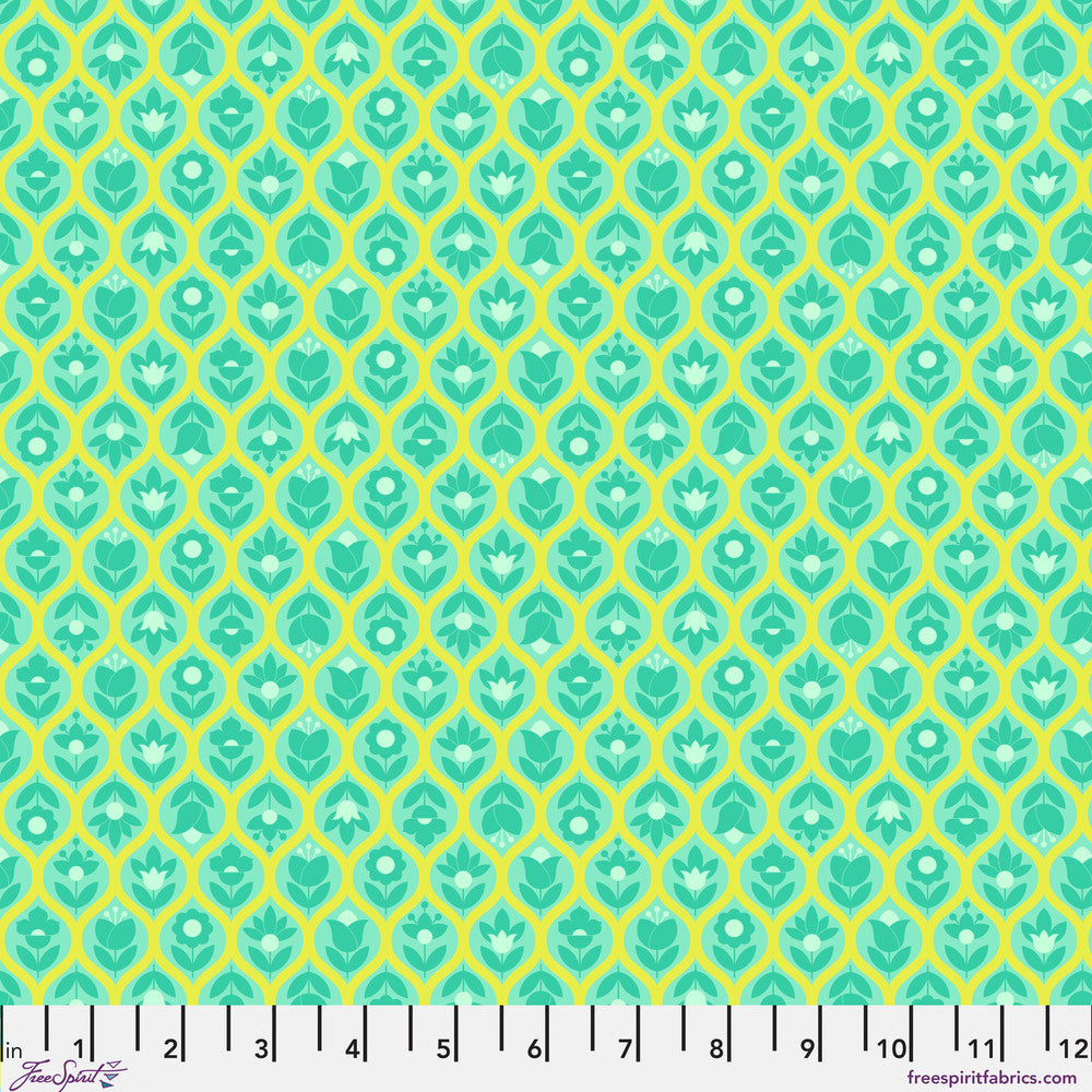 The image is a repeating pattern of green and yellow flowers on a yellow background.