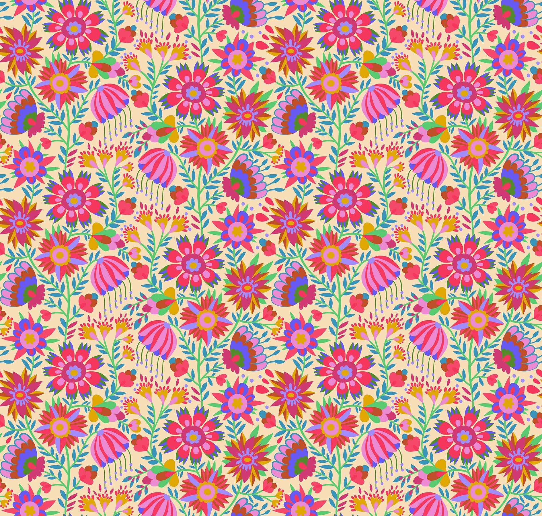 The image is a vibrant and colorful floral pattern featuring various flowers and leaves in shades of pink, red, yellow, and green. The pattern is composed of repeating floral motifs and leaves, creating a visually striking and dynamic design.