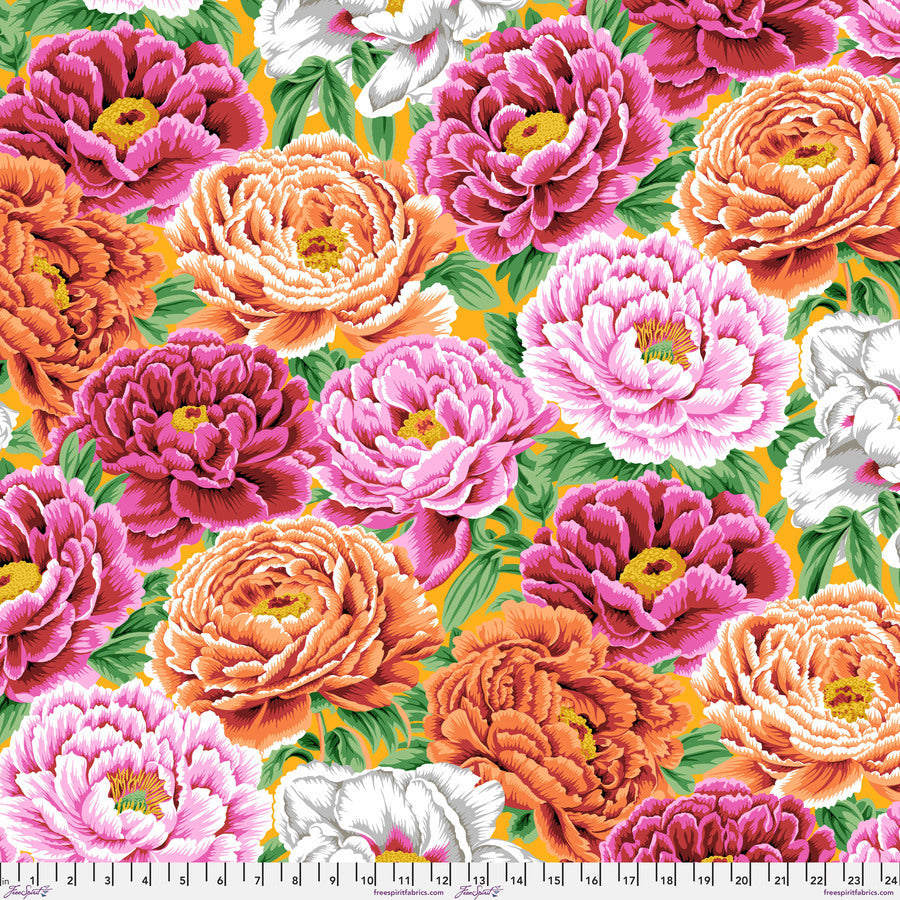 The image is a vibrant and colorful floral pattern featuring a variety of large, blooming flowers in shades of pink, orange, and white against a bright yellow background.