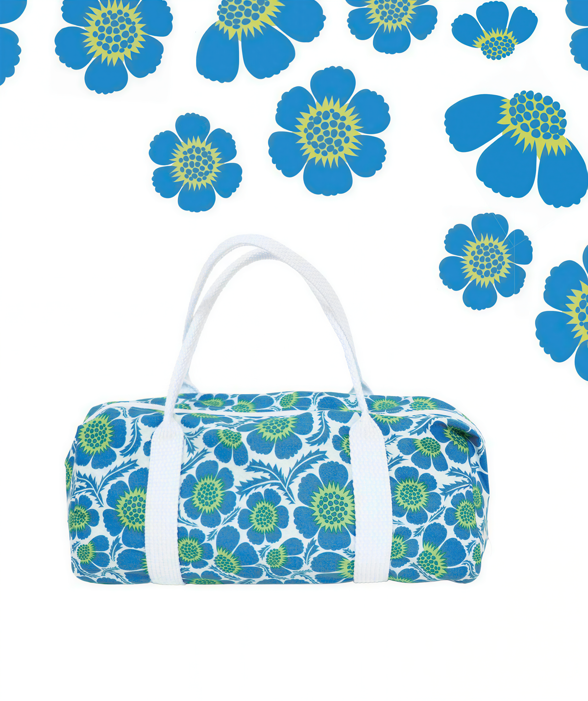 A blue and white floral patterned bag with white handles is displayed against a white background, with additional blue and yellow floral patterns scattered throughout the image.