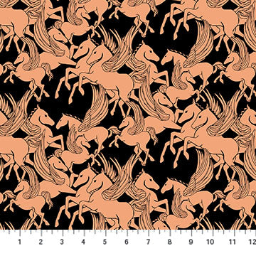 a repeating pattern of stylized horses with wings, creating a visually striking and dynamic design.