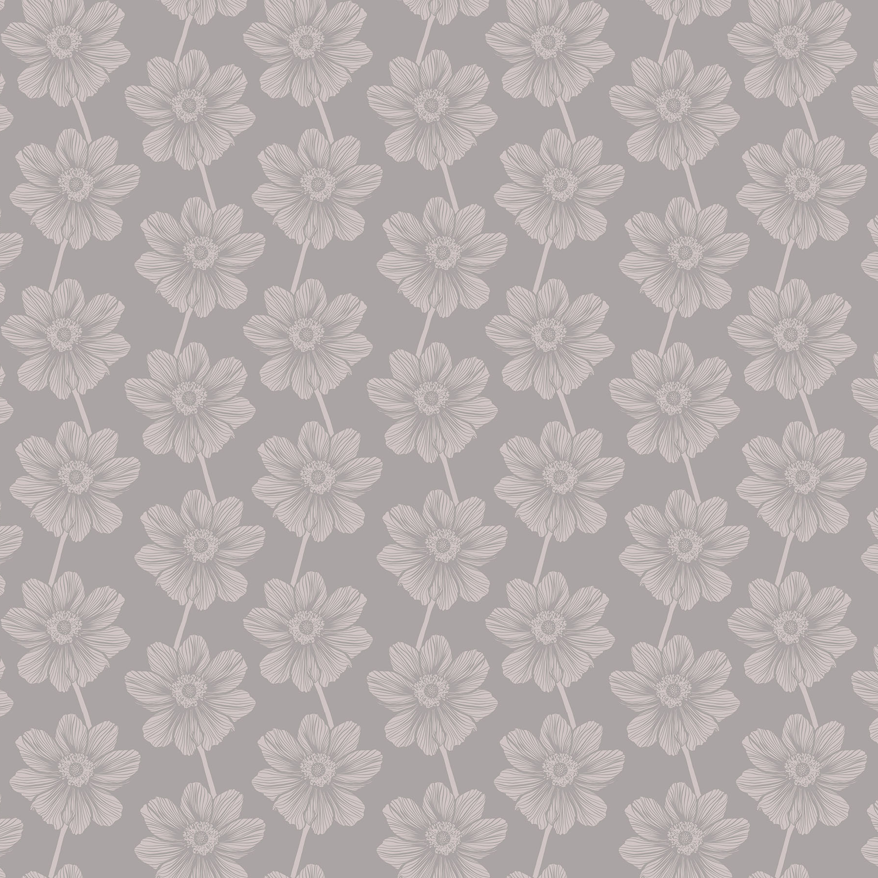 a repeating pattern of stylized white flowers on a gray background.