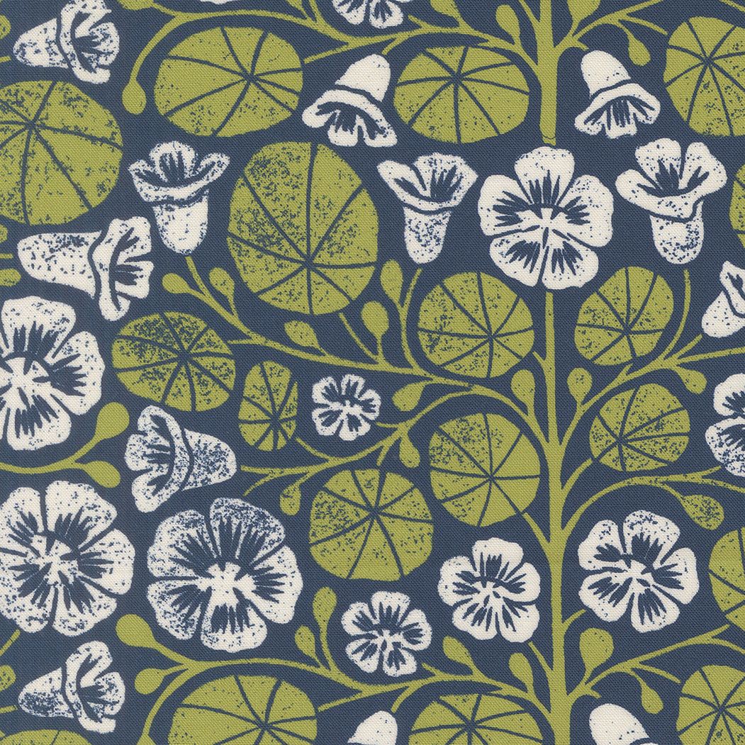 a repeating pattern of white and green flowers and leaves against a dark blue background.